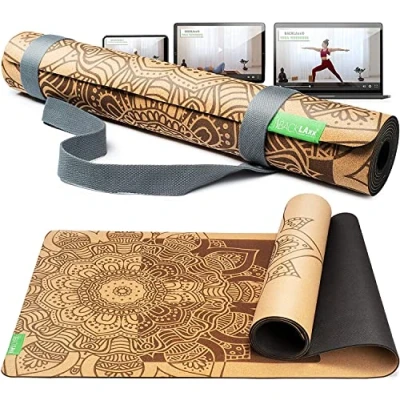 Imagen de BACKLAxx ® Esterilla Yoga de corcho con caucho natural antideslizante libre contaminantes zonas antideslizantes incl. correa estera y videos aplicación mat