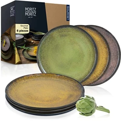 Imagen de Moritz &amp; VIDA Plato Gourmet Juego de 6 platos (porcelana, aptos para lavavajillas y microondas), color amarillo, verde rosa