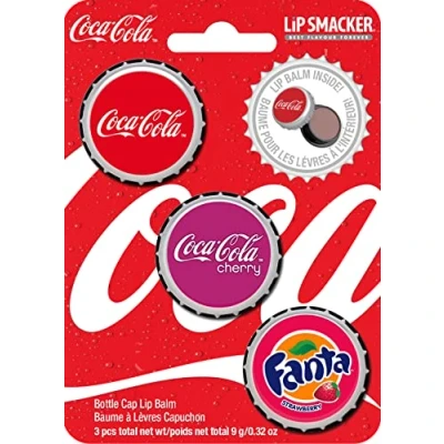 Imagen de Lip Smacker Coca Cola Collection, Set de Brillos Labios varios sabores y diseño del icónico tapón botella, Sabor Cola, Cereza Fanta Fresa.