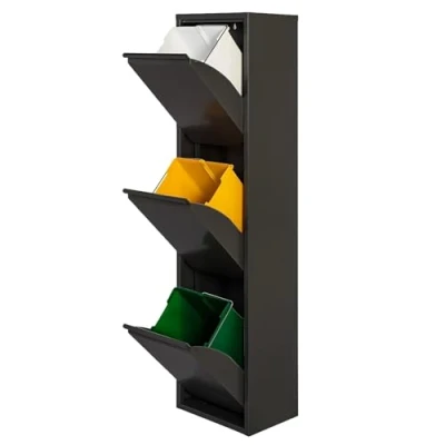 Imagen de WELL HOME MOBILIARIO &amp; DECORACIÓN Cubo de basura y reciclaje Metálico 3 compartimentos, 3x17L (51L) Negro mate