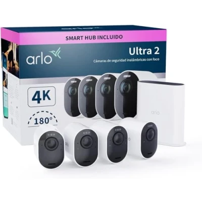 Imagen de Arlo Ultra 2 Camara de Vigilancia WiFi Exterior 4K, Interior, Sensor Movimiento, Alarmas Para Casa, Visión Nocturna Color, Prueba Secure Incluida , 4 Cámaras, Blancas