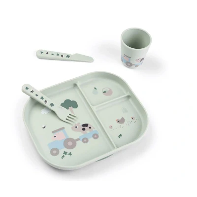 Imagen de Done by Deer Foodie Tiny Farm Green Platos infantiles con división, cubiertos y vaso, práctica ventosa bajo vajilla infantil, 100% polipropileno de calidad alimentaria