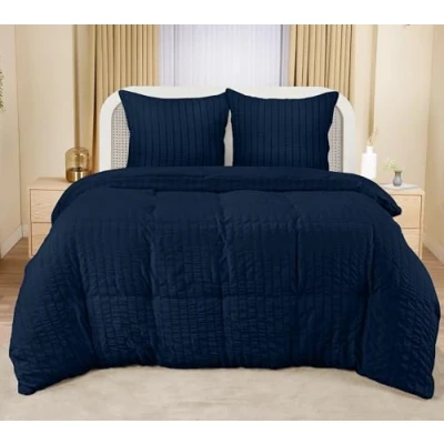 Imagen de Utopia Bedding Seersucker Funda Nordica Cama 150 Juego de Nórdica Microfibra 220x240 cm y 2 Almohada 65x65 (Azul Marino)