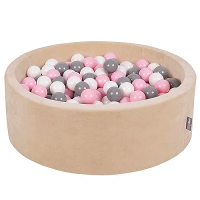 Imagen de KiddyMoon Terciopelo Piscina De Bolas 90X30cm/300 para Ninos Hecha En La UE, Beige Arena: Blanco/Gris/Rosa Claro