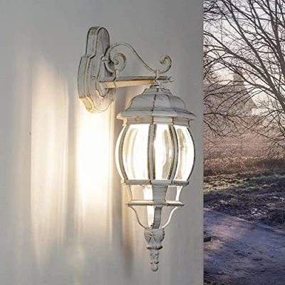 Imagen de Aplique exterior BREST de color dorado y blanco aluminio cristal E27 IP44 Lámpara pared Farol estilo rústico