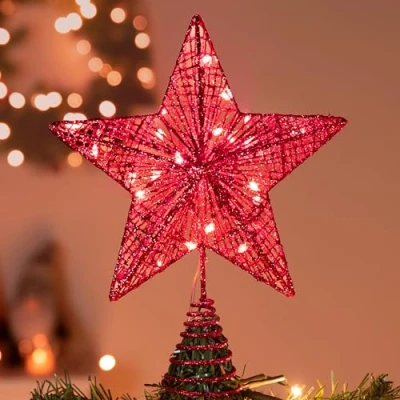 Imagen de Joiedomi decoración para árbol de Navidad, funciona con pilas, estrella roja purpurina iluminada 20 luces LED blancas cálidas interiores y