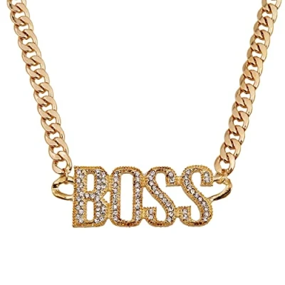 Imagen de Liitata BOSS Collar con colgante de letras cadena chapada en oro, hip hop para hombres y mujeres, carnaval Mardi Gras, Aleación chapado Diamantes imitación