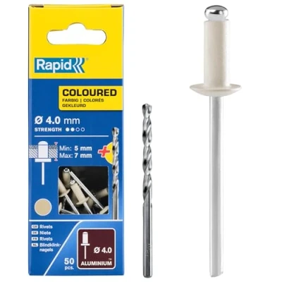 Imagen de Rapid Remaches de Aluminio Gran Resistencia, Blanco Crema, Ø4 x 10 mm 4 para Canalones, Tuberías y Chapa Metálica Incluye Taladro 50 Unidades, Embalaje Cartón (5001464)
