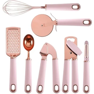 Imagen de Juego de utensilios cocina acero inoxidable con asas suaves al tacto, accesorios que incluyen abrelatas, cortador pizza, 7 piezas (rosa)
