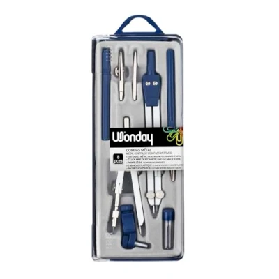 Imagen de WONDAY Brújula, estuche de 8 piezas Technic Ballustre con saca línea + punta seca, 1 anillo fijación universal, mango portatira línea, sacalínea metal, funda mina repuesto