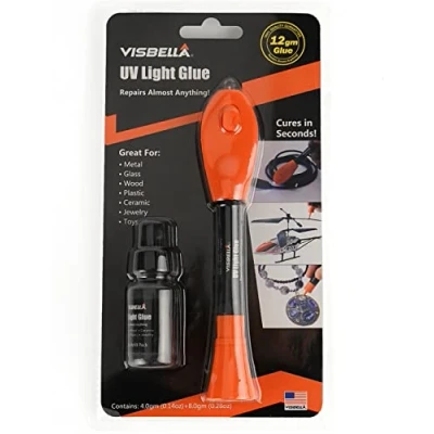 Imagen de Visbella Pegamento UV con juego de lámpara, sistema reparación adhesivo endurecimiento la luz, UV, para vidrio, metal, madera, cuero y plástico (4 + 8 g)