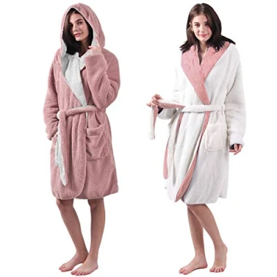 Imagen de HOMELEVEL Albornoz reversible de piel cordero para damas y caballeros con capucha bata casa