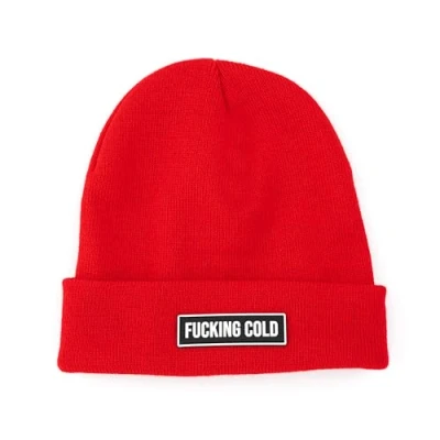 Imagen de Fisura Gorro Invierno Unisex “F*cking Cold. Hombre Rojo. de Mujer con Mensaje. Punto acrílico. Original para Regalo.