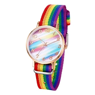 Imagen de JewelryWe Reloj Arco Iris con Correa de Nylon, para Mujer, Estudiantes y Niños, Redondos Cuarzo Analógico, Esfera Iris, Escala Números Arabes