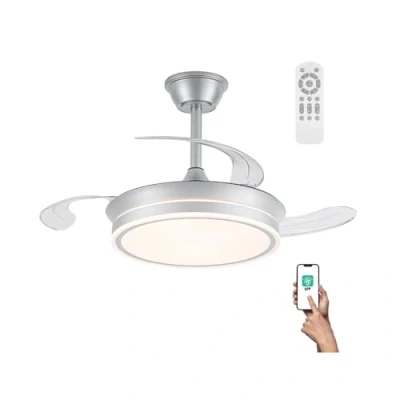 Imagen de Ventilador LED aspas plegables Miso Mini Evo Plata 46W con Memoria de encendido, Mando a distancia CCT 3000 4000 6000K, Intensidad Regulable, Silencioso