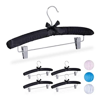 Imagen de Relaxdays Pack 5 Perchas Forradas Raso, Vintage, Pinzas Ajustables, Gancho Giratorio, 19,5x38x3,5 cm, Negro