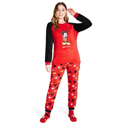 Imagen de Disney Pijama Mujer Invierno de Polar con Calcetines Stitch Mickey Minnie Baby Yoda (Rojo Mickey, S)