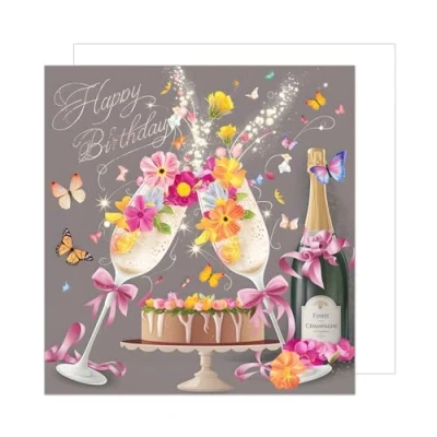 Imagen de Edition Seidel tarjeta de cumpleaños cuadrada premium con sobre, felicitación Happy Birthday Billet, para mujer, novia, copas champán, mariposas GQ287 SW024