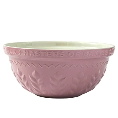 Imagen de Cuenco para mezclar de gres rosa polvoriento, diseño maíz en relieve, duradero, resistente a las astillas, horneado, 30 cm