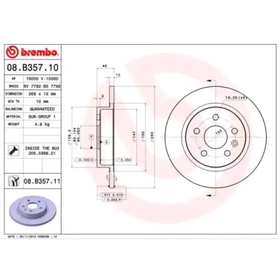 Imagen de BREMBO 08.B357.10 Disco de freno 268 12 5 macizo con tornillos OPEL: Astra J GTC, Hatchback, Sports Tourer, CHEVROLET: Cruze Berlina