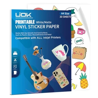 Imagen de UIOK Papel Pegatina para Imprimir A4, Adhesivo Mate Blanca Vinilo Imprimible Adhesivo, Impermeable 30 Hojas Impresora de Tinta