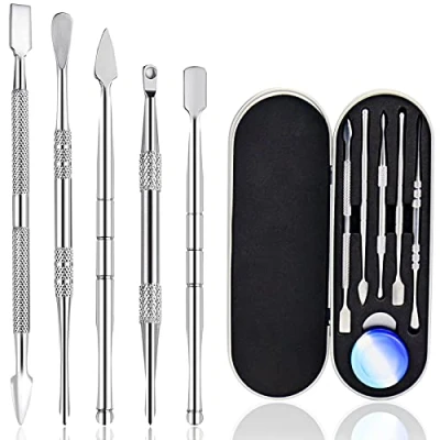 Imagen de Juego de 5 herramientas tallado cera acero inoxidable con caja metal para joyas, esculpir, modelar, raspar, mini piezas (plata)