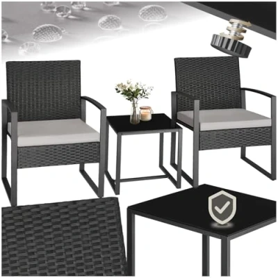Imagen de TecTake® Conjunto Jardín Exterior para 2 Personas, Muebles de Jardin Sillas Ratán con Cojines y Mesa Terraza Tablero Vidrio Seguridad, Fundas Extraíbles, Robusto Resistente a la Intemperie