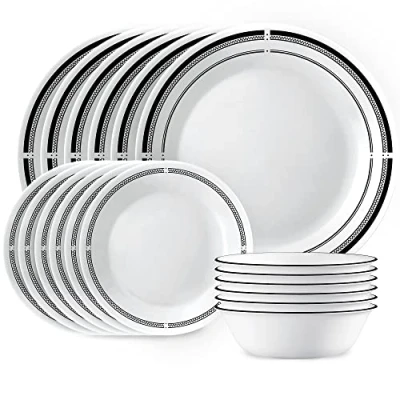 Imagen de Corelle Vitrelle Juego de vajilla redonda 18 piezas, servicio para 6, platos y cuencos redondos ligeros, vidrio triple capa, resistente a astillas arañazos, apto microondas