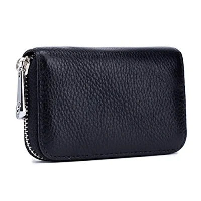 Imagen de AprinCtempsD RFID Cartera Tarjeteros Mini Cuero Genuino Monedero Pequeñas Piel con Cremallera Portatarjetas por Mujer Homber (Negro)