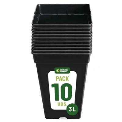 Imagen de GROWMANIA Pack 10 Macetas Cuadradas para Plantas Negra 3L Diez Maceteros de Plástico Flores 14,5x14,5x18,5 cm Base 10,5x10,5