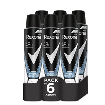 Imagen de Rexona Invisible Desodorante Aerosol Antitranspirante para hombre Ice 200ml Pack de 6, El embalaje puede variar