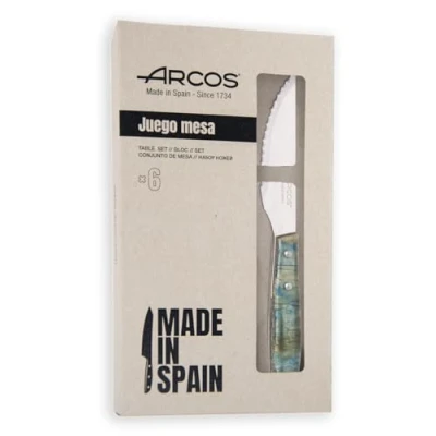 Imagen de Arcos Serie Cuchillos de Mesa Juego Chuleteros 6 piezas Hoja Acero Inoxidable NITRUM 110 mm Filo Serrado Mango Madera Comprimida Color Azul