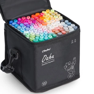 Imagen de Markers, Ohuhu 100 Colores Rotuladores Permanentes, Tips Dual Arte del Bosquejo Gemelas con Estuche de Transporte para Colorear Pintura Resaltado y Subrayado