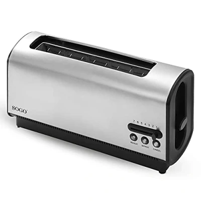 Imagen de SOGO Tostadora Deluxe de 2 Rebanadas 3 Funciones, 7 Niveles Control Temperatura, Bandeja Recogemigas Extraíble, LED, Apagado Automático, 900W, Acero Inoxidable, Ranura Larga (SS 5390)