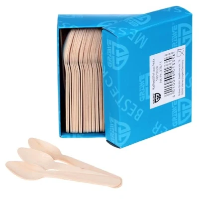 Imagen de Cubiertos desechables de Gräwe, 100 cucharas pequeñas madera, aprox. 11 cm, para café y postre