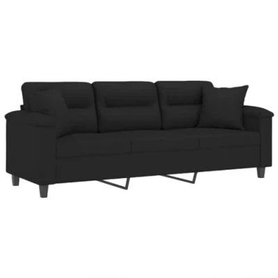 Imagen de vidaXL Sofá de 3 Plazas con Cojines, Asiento Reposabrazos, Tapizado Televisión, para Salón, Tela Microfibra Negro