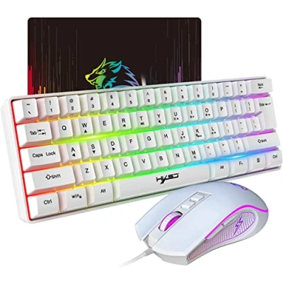 Imagen de HXSJ V700 Teclado y Ratón para Juegos,Teclado Juegos 60%, US Layout,Diseño Compacto de 61 Teclas,Retroiluminación RGB,Ratón con Sensor óptico,Luz LED Colores,hasta 3600DPI,para PC,Mac Blanco