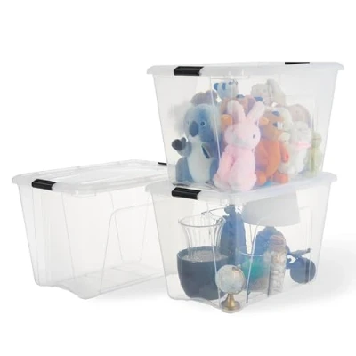 Imagen de Iris Ohyama, caja de almacenamiento plástico con tapa, 55L, juego 3, transparente, 98% reciclado, clips cierre, asa, apilable, para dormitorio, vestidor, oficina, sin BPA, BSB 55