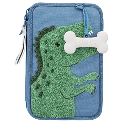 Imagen de Depesche 12307 World Dino Mini Estuche de 2 Compartimentos Azul, con Motivo Dinosaurio Rizo, Colgante Hueso, lápices Colores, Regla, Tijeras, etc, Dibujo Animado, Blanco
