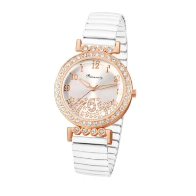 Imagen de JewelryWe Reloj Correa Elástica Mujer: de Cuarzo Analógico Redondo con Circonita Blanco para Señora Escala Números Arábigos Acero Inoxidable Extensible Ocio Negocios Regalo