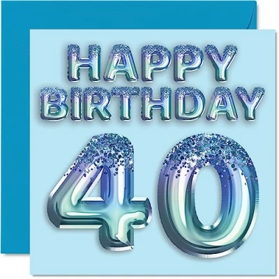 Imagen de Tarjeta de cumpleaños número 40 para hombres, globo fiesta con purpurina azul, tarjetas feliz hombre años, amigo, papá, hermano, tío, primo, 145 mm x mm,
