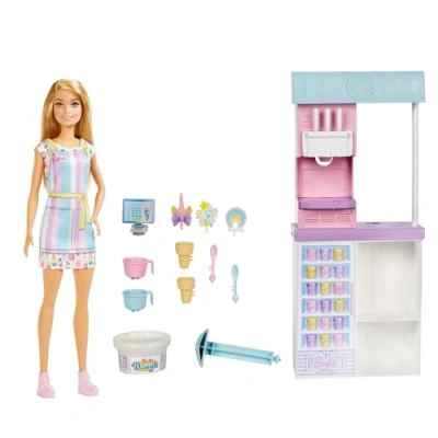 Imagen de Barbie Juego de Heladería con Muñeca Rubia, Función Hacer Helados, 2 Masas y Accesorios, Muñeca: 30,48 cm, Regalo para Niños 3+ Años, HCN46