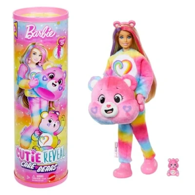 Imagen de Barbie Cutie Reveal Care Bears Serie 2 Togetherness Bear Muñeca y accesorios con 10 sorpresas, incluye cambio de color un osito en miniatura, JFV60
