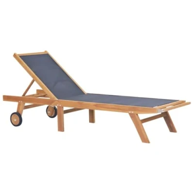 Imagen de vidaXL Tumbona Plegable con Ruedas Textilene Asiento Silla Madera Maciza Teca