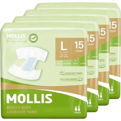 Imagen de MOLLIS Pañales para Adultos Incontinencia, Bragas Absorbentes Ancianos, Unisex, Hombres y Mujeres, Máxima Absorción, Control de Olores, Talla L, 60 Unidades