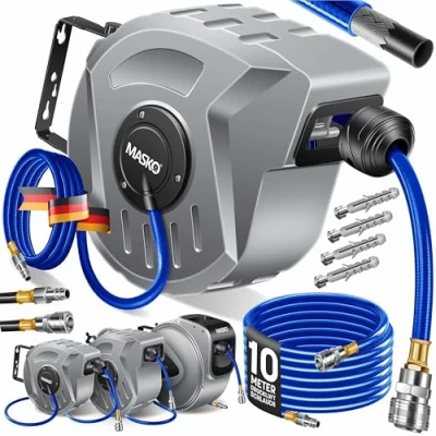Imagen de MASKO® Enrollador de manguera aire comprimido automática, Conexión 1/4, mangueras, Soporte mangueras montado en la pared, comprimido, gris, 10m