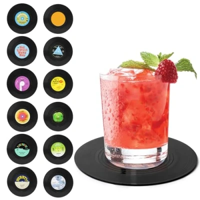 Imagen de 12 Posavasos Discos Vinilo, UKOFEW Vinilo Aislante, Posa Vasos Antideslizante, Reposa Vasos, Coasters para Café, Té, Cerveza, Vino, Casa y Bar, Bebidas, etc.