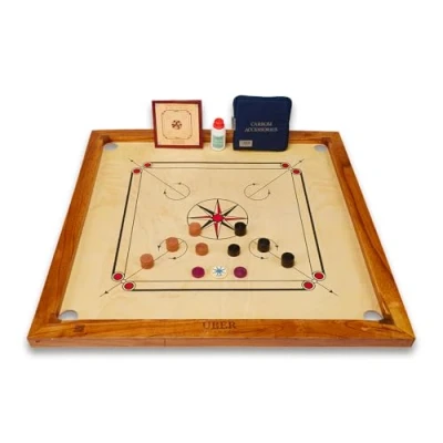 Imagen de Uber Games Juego de tablas Carrom Tablero 33 x pulgadas incluyendo Men, Striker &amp; Powder nivel entrada Fabricado en la India Adecuado para principiantes,