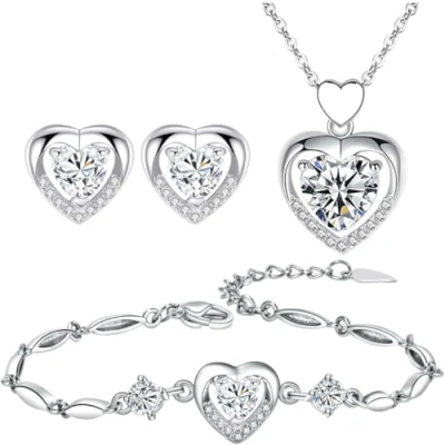 Imagen de TOEECY Corazón Conjuntos de Joyas para Mujer y Niñas Cristal Colgante Collar Pendientes Pulsera Cubic Zirconia Plata chapada 925 Fiesta Boda Nupcial Dama Honor (Blanco)