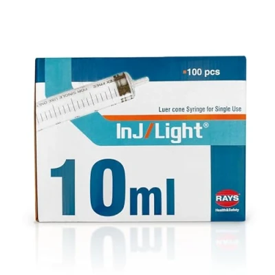 Imagen de Rays Jeringas Desechables de 10 ml Tres Cuerpos con Cono Luer Central sin Aguja Inj/Light Caja 100 Unidades, Esterilizadas Óxido Etileno, Libres Látex